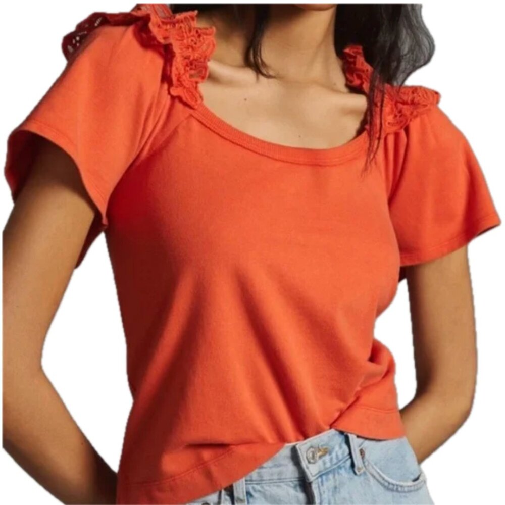 Pilcro | Anthropologie Orange Short Sleeve Top Eyelet Ruffle Cotton | Size XS